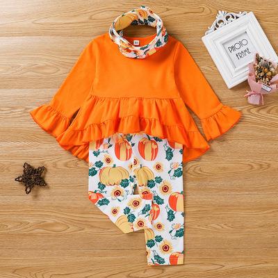 China Sweet Winter Autumn Baby Newborn Child Clothes Girl Set Long Sleeve Set Halloween Clothes Pumpkin Print Pants + Top + Scarf for sale