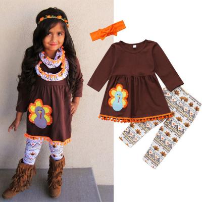 China New Products 2021 Vintage Girls Thanksgiving Spring And Autumn Turkey Embroidered Round Neck Floral Tassel Long Sleeve Pants Set for sale