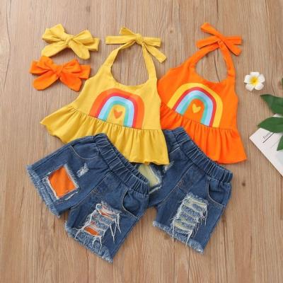 China Sweet 2021 Summer Girls Ruffled Rainbow Print Halt Rneck Boutique Set Denim Shorts Sleeveless Top Suit for sale