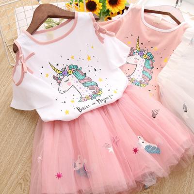 China 2021 summer new girl's sweet children's suit pink unicorn short-sleeved T-shirt + gauze fluffy skirt two-piece suit for sale