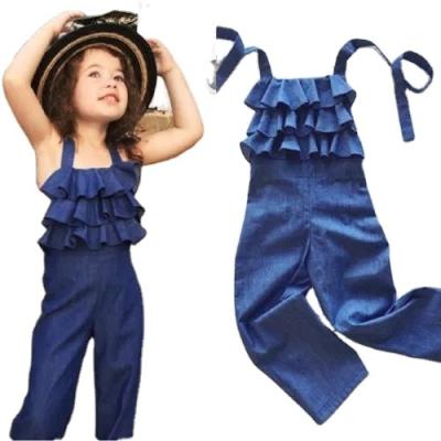 China 2021 HIGH STREET New Arrival Children's Clothing Ruffle Slind Babies Backless Denim Overalls Toddler Girls Clothes for sale