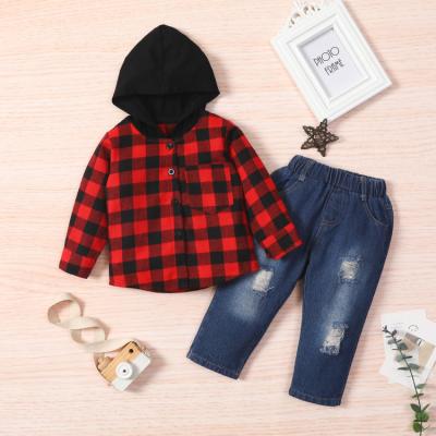 China 2021 Wholesale Casual Plaid Boys Girls Dress Shirt Jacket Jeans Two Piece Pocket Long Sleeve Hooded Pants Suit Kids Boutique Outfit for sale