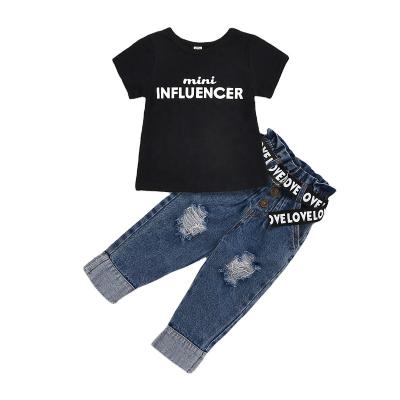 China HIGH STREET 2021 Kids Clothing Letter Printed T-shirt Pants + Destroyed Jeans Denim With Belt Set for sale