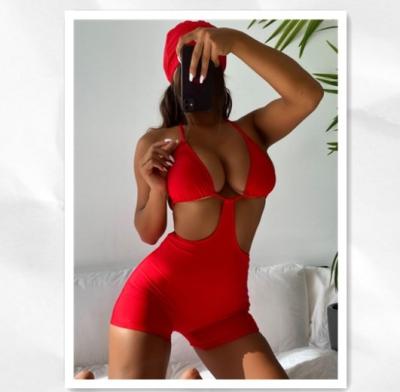 China 2022 Summer Breathable Sexy One Piece Swimsuit Red Color Swimwear Solid Bodycon Hollow Out Bikini With Swimming Cap for sale