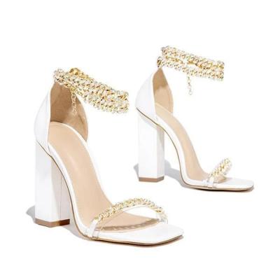 China Fashion Trend Women's Classic Crystal Transparent Stiletto Summer Ladies Diamond Chain Shoes High Heel Chunky Sandals for sale