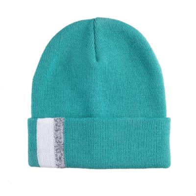 China JOINT wholesale custom new design knit hat knitted cuffhats with reflective vertical stripe for sale