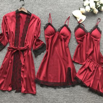 China 4pcs Women's Satin QUICK DRY Silk Pajamas Set Contrast Color Lace Sleepwear For Ladies for sale