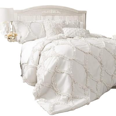 China Home Wedding Comforter And Quilted Bed Cover Set White Color With Handcraft Embellished Ruffles for sale