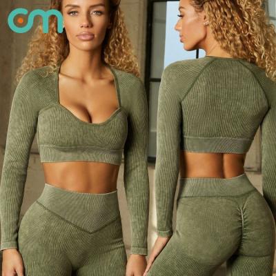 China New Seamless Women's Long Sleeve Waist Buttocks Pants Fitness Breathable Sportswear Sand-washed Autumn And Winter Tops 6 Piece Yoga Sets for sale