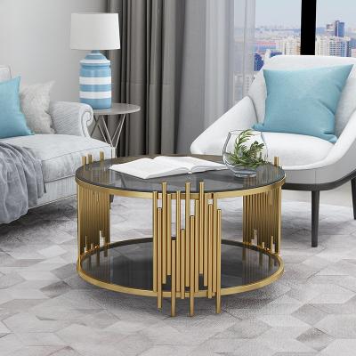 China Luxury living room furniture gold stainless steel adjustable glass coffee table sofa center tables (height) for sale