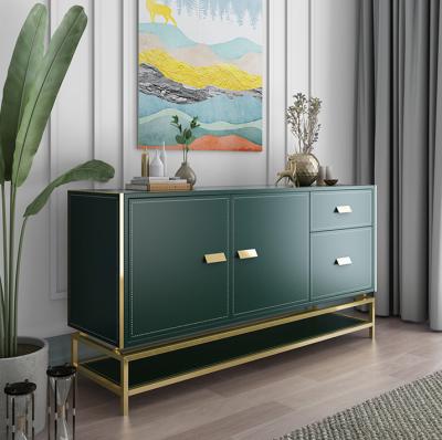 China Modern Foldable Living Room Furniture Leather Sideboard Cabinet Console Table with Shelving and Drawers Gold Metal Frame for sale