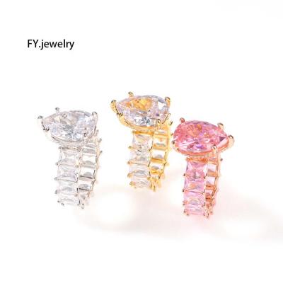 China Hiphop Iced Out Diamond Shape Baguette Clear Pink CZ Ring Engagement Finger Ring Women Hitter Jewelry Drop Teardrop for sale