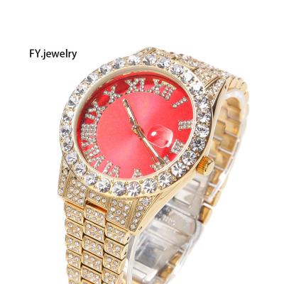 China Iced Out Day/Date 2022 Watch Mens Green Wrist Watches Red Color Hip Hop Bling Bling Luxury Jewelry for sale