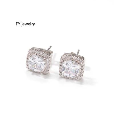 China Hiphop Iced Out Baguette CZ Stud Earrings Square Zirconia Earring Women Pink Bling Jewelry for sale