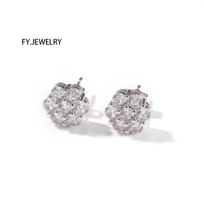 China Hiphop Sparkle Bling Cluster CZ Flower Shape Earrings Stud Screw Back 925 Jubliee Earrings For Women for sale