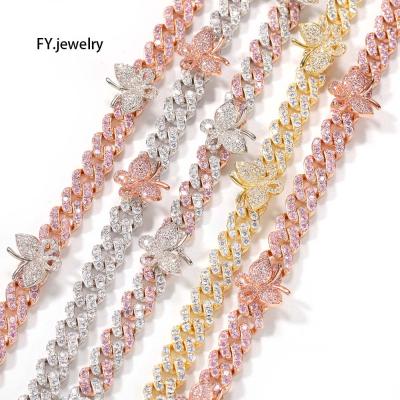 China New Small Hiphop Butterfly Cuban Link Anklet 9mm Iced Out CZ Cuban Anklets Women Hip Hop Hitter Bling Foot Jewelry for sale