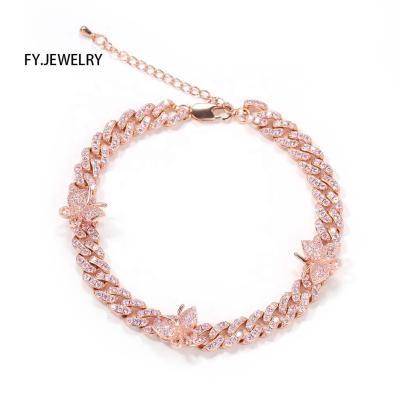 China NEW 9mm Cuban Link Anklets CZ 9inch Butterfly Anklet Chain Women Hiphop With Extension Chain Foot Jewelry for sale