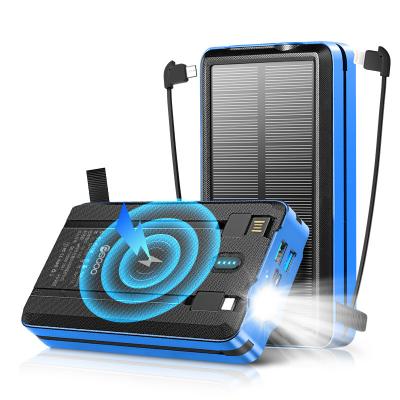 China Solar Panel Charging 30000mAh Solar Power Bank With Cable LED Flashlight Solar Power Bank 30000mAh Wireless Charger for sale