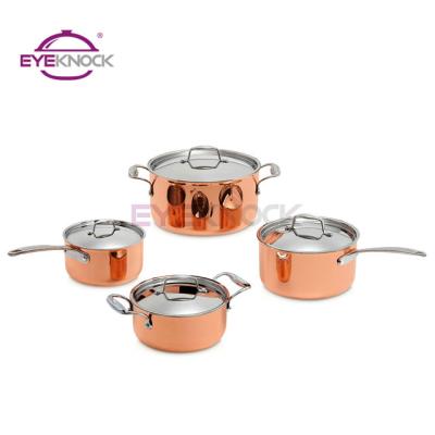 China Sustainable high quality cookware with molded stainless steel handle and triple knob copper cookware set for sale