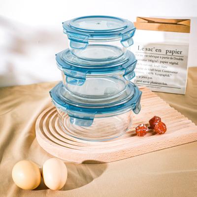 China New Product Microwavable Custom Wholesale Best Selling High Borosilicate Glass Bowls Three Bowls Lunch Box Set Microwave Round Glass Bowl for sale