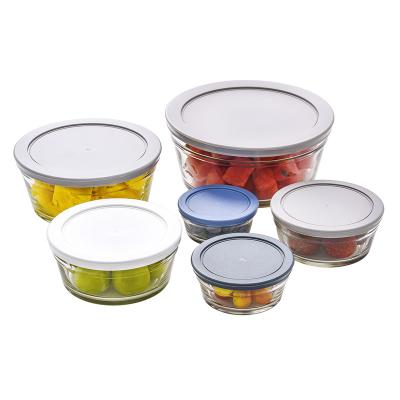 China Factory Wholesale 6pcs Viable Glass Fresh Bowl Set Round Fruit Salad Glass Food Containers Serving Bowl With PP Color Lid for sale