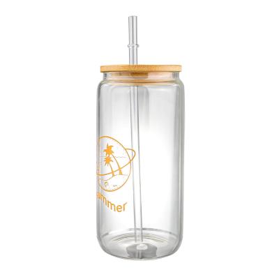 China 2022 Hot Sale Wholesale Custom Made 19oz Logo Viable Bamboo Lid With Straw Beer Can Beer Glasses Soda Cup Can Shape Glass for sale