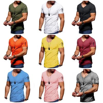 China Anti-Wrinkle Men's Pure Color V Collar Tops Tees Men's T-shirt Tights Man T-shirts Fitness Short Sleeved Black T-shirt For Men the male for sale