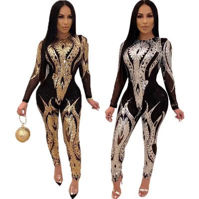 China Women_s Breathable Sequined High End Long Sleeve Sheer Jumpsuit Set Women Sport Suit for sale