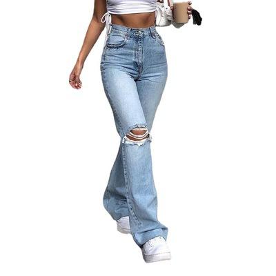 China 2021 new breathable hair-trimmed ripped high-waisted fluffy pants pocket wide-leg jeans pants for sale