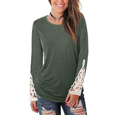 China Breathable Round Neck Ruffled Sleeves Lace Top T-Shirt Women Long Sleeve for sale