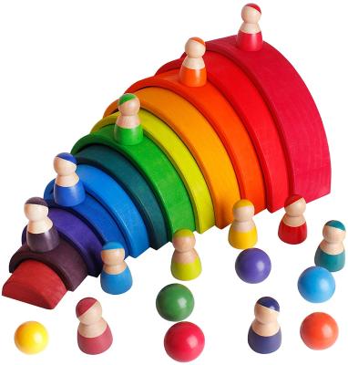 China Firmly 30 Pcs Wooden Tower Stacker Rainbow Baby Wooden Building Blocks With Balls Dolls for sale