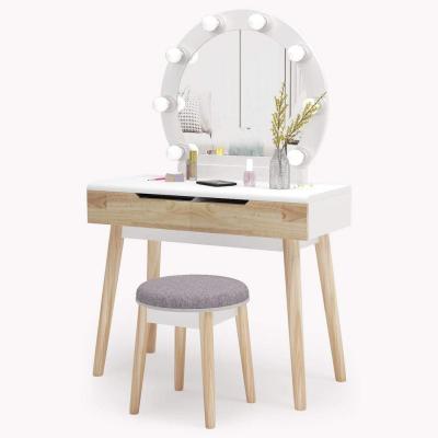 China Adjustable(Height) Round Lighted Mirror Wooden Vanity Dresser Dresser Desk for sale