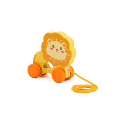 China 2021 MDF Plywood Cute Cartoon Animal Drag Toy Inertia Car Lion Elephant Game Pull Rope for sale