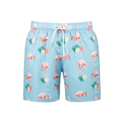 China Custom Sublimation Printed Fashion Design Mens Peach Skin Flamingo Swim Trunks Breathable Beach Shorts Swimwear for sale