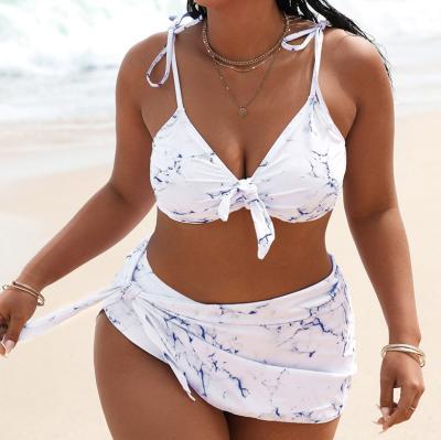 China 2022 Antibacterial In Stock 3 Colors Print Front Large Size Bikini 4XL Knots Swimwear 3Pieces Tops Plus Size Bikini Set for sale