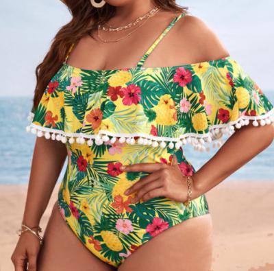 China Hot Sale Antibacterial Ruffle Details Off Shoulder Print 4XL Swimwear Plus Size One Piece Swimsuit Plus Size Bikini Set for sale