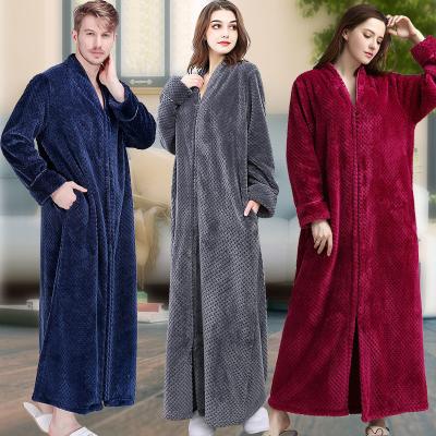 China Autumn and winter QUICK DRY zipper thickened large men's velvet pajamas long flannel women's robe warm coral bathrobe couple's robe for sale