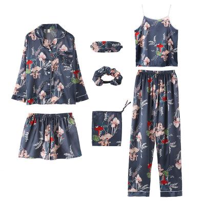 China Sleeve Lily Beautiful QUICK DRY Women's Ice Silk Home Wear Long Pajamas Seven Piece Suit Fashion Sleepwear for sale