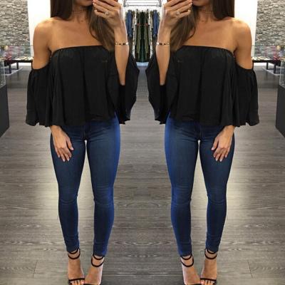 China Sexy Anti-pilling Chest Wrap Collar Long Sleeve Chiffon Top Off Shoulder Loose T-shirt Office Ladies Sexy Women Clothing for sale