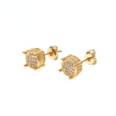 China 2021 New Trendy Diamond Micro Inlaid 18k Gold Plating Silver Base Cooper Jewelry Needle Hip Hop Style Round Pure Men's Earrings for sale