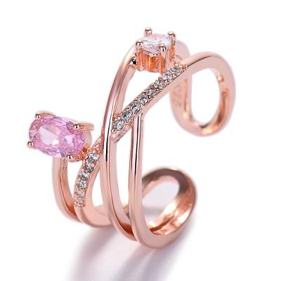 China 2022 New Arrivals TRENDY Fashion Women Rings Korean Style Designer Jewelry Copper Gold Plated Pink Zircon Women Cross Charm Open Rings for sale