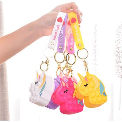 China Mini Size Silicone Children Toys Portable Push Relieve Hand Wallet Toys Gifts Stir Coin Purse Rainbow Person Unicorn Bag for sale