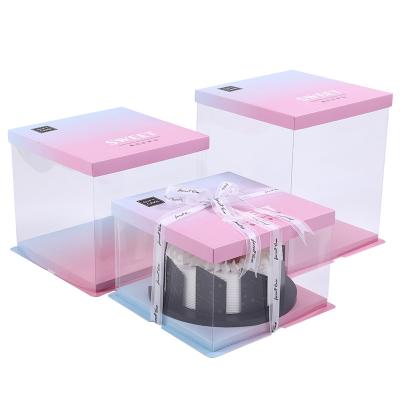 China Recyclable transparent cake box 6/8/10/12 inch single double layer size gradient birthday cake box for sale