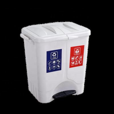 China Sustainable Recycle Plastic 2 Compartment Classified Trash Can Trash Bin With Pedal And Lid for sale