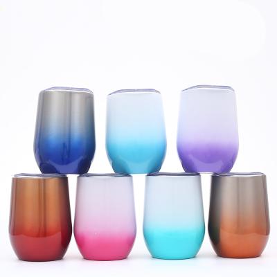 China Stainless Steel 12oz Travel Outdoor Wine Tumbler Stemless Egg Shaped Double Walled Wine Mug With Clear Lid for sale