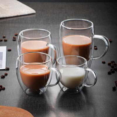 China Hot Selling Stocked Clear Borosilicate Glass Mug 450ml Double Wall Bulk Glass Mug With Handle For Coffee for sale