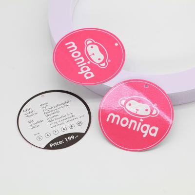 China Sustainable Custom Apparel Logo Brand And Size Fluorescent Pink Round Hang Tags Glossy Film Coating Paper Swing Tag Label Round Hang Tags for sale