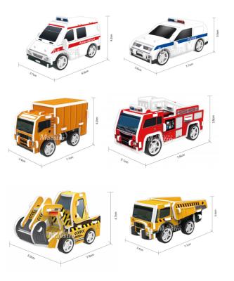 China Cartoon Toy Diecast Model Car Toy 3D Puzzle Cartoon Fire Engine Police Car Ambulance Garbage Truck Excavator with Wheel and Pull Out Engine for Kids for sale