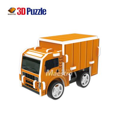 China Cartoon Toy Interesting Puzzle Game 3D Puzzle With Wheels And Pull Back Motor Garbage Truck for sale