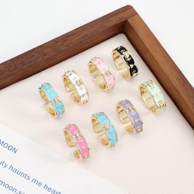 China Hot Selling New Design Style Jewelry Rings Environmentally Friendly Rainbow Open Adjustable Oil Drip Rings Enamel Crown Zircon Rings For Women for sale